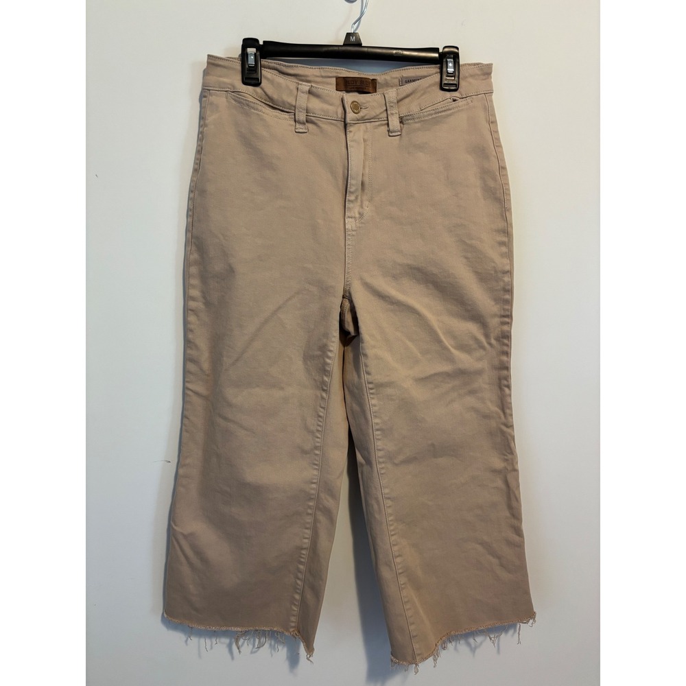 Judy Blue Tan Garment Dyed High Rise Cropped Wide Leg Raw Hem Jeans 14W